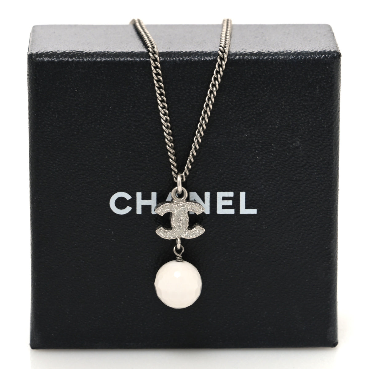 Glitter Enamel CC Drop Necklace Silver White