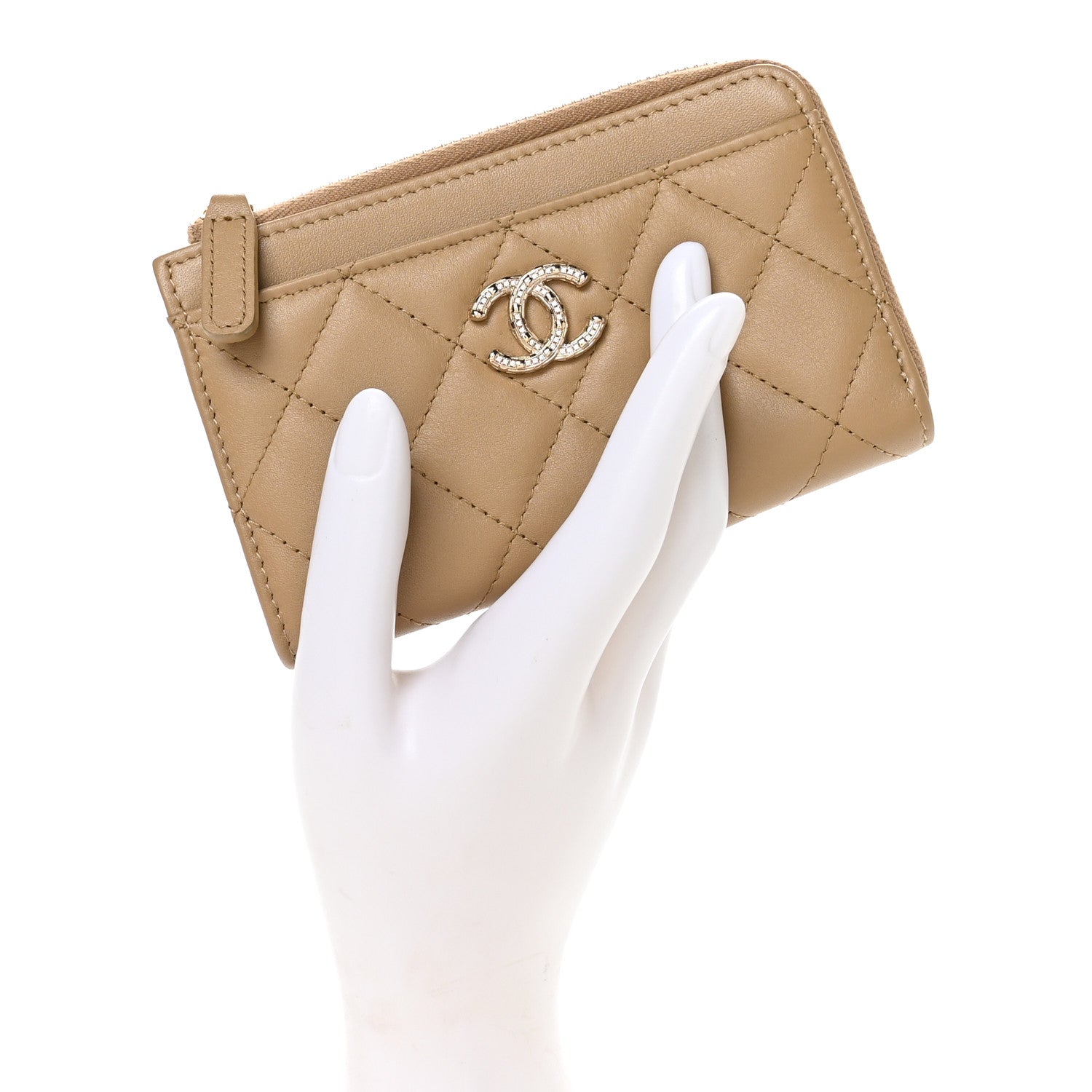 Chanel Lambskin Quilted Crystal CC Zip Card Holder Dark Beige