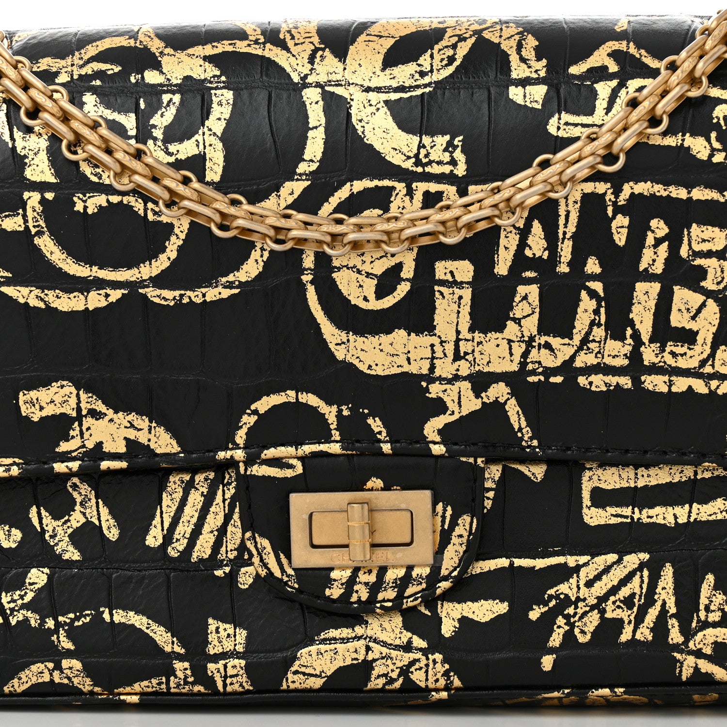 Chanel Calfskin Crocodile Embossed Graffiti 2.55 Cocodile Reissue 225 Flap Black Gold 8 of 11