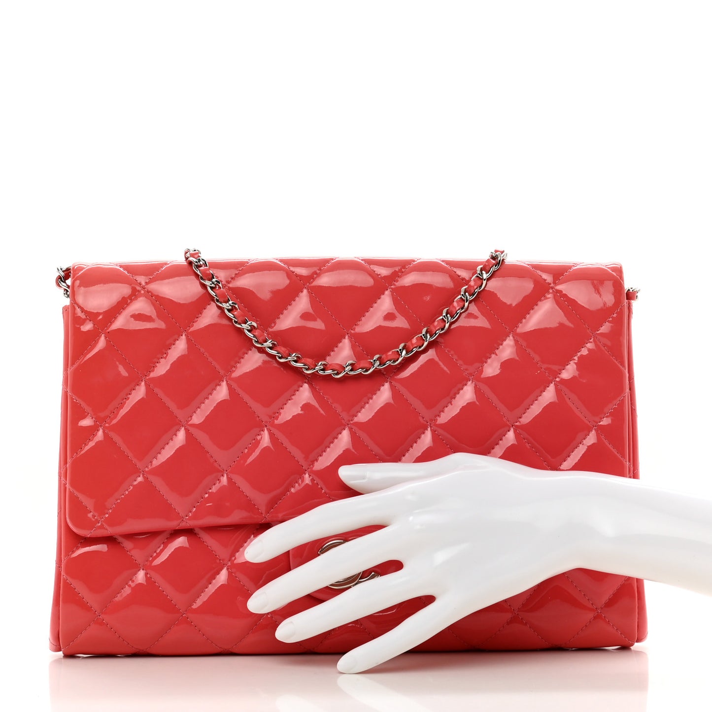 Patent Quilted Clutch with Chain Flap Fuchsia