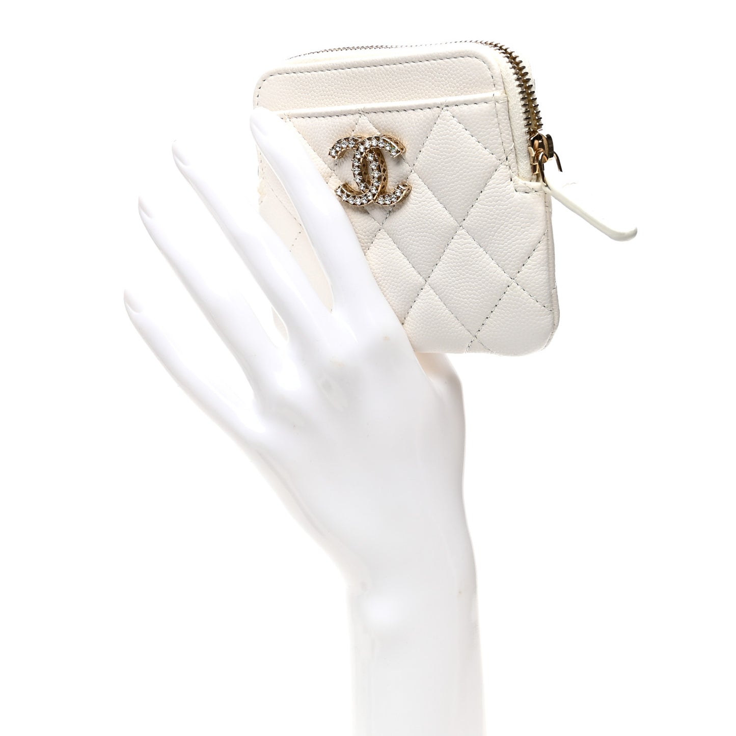 Caviar Quilted Crystal Zip Card Holder Wallet White