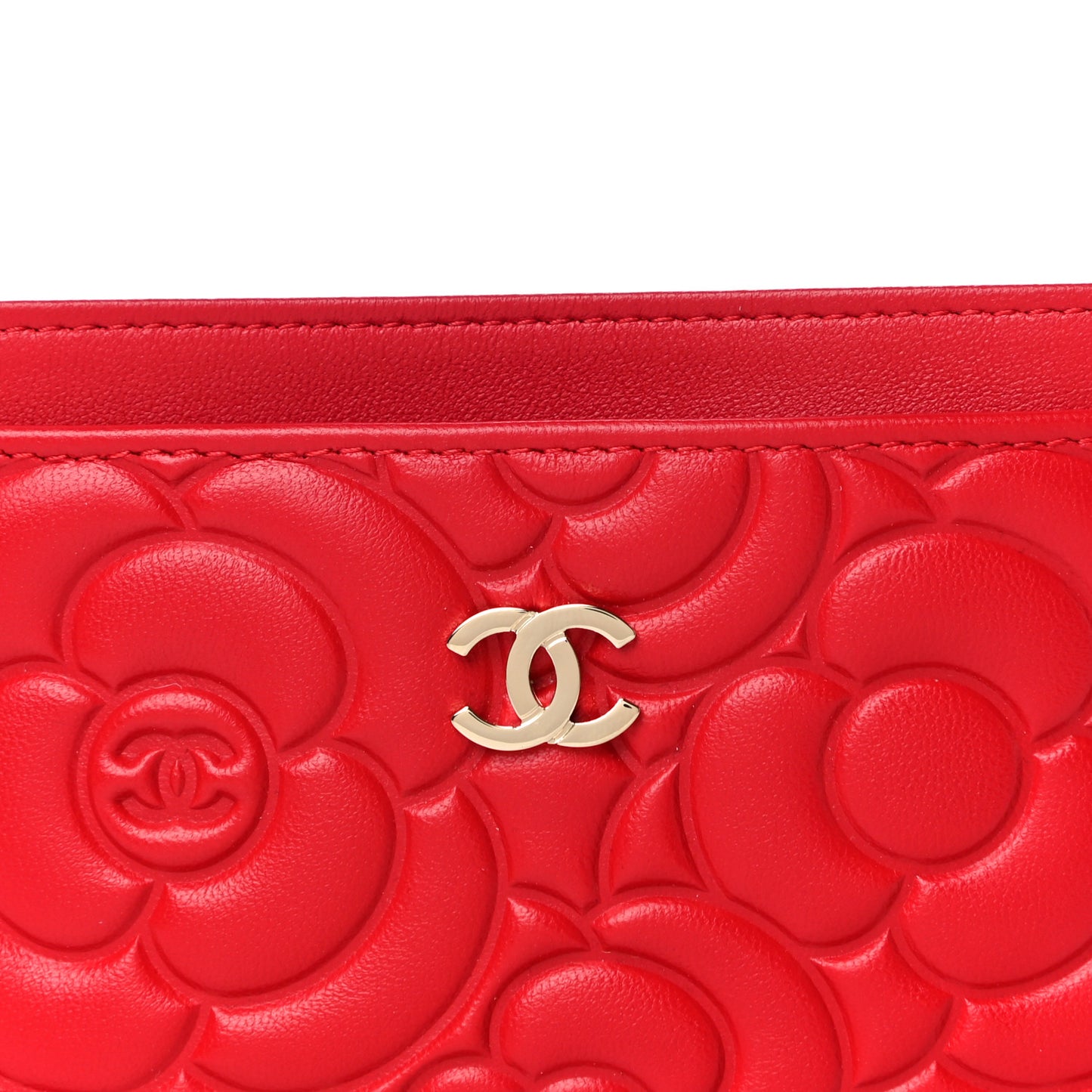 Lambskin Camellia Embossed Card Holder Red