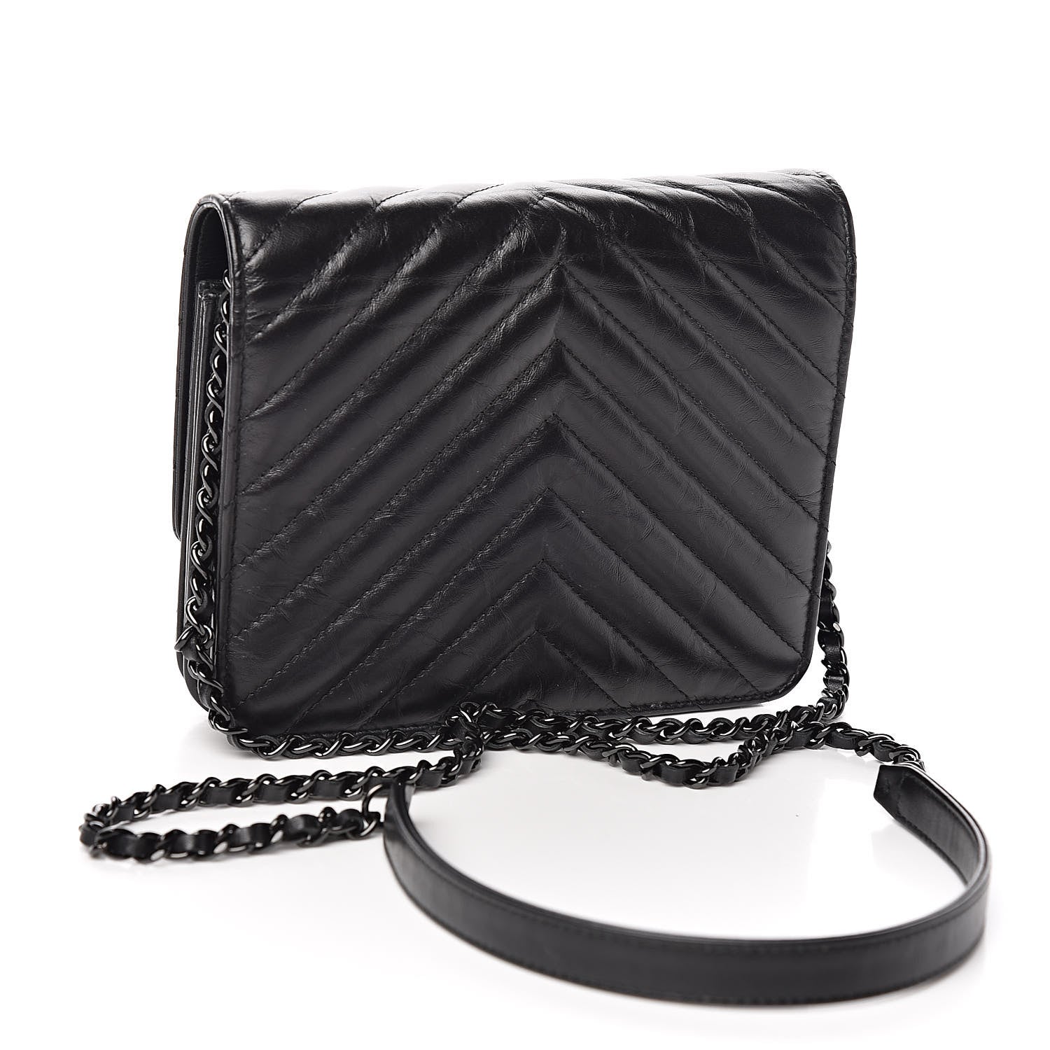 Chanel Aged Calfskin Chevron Quilted Reissue 2.55 Square Wallet On Chain WOC So Black 3 of 12