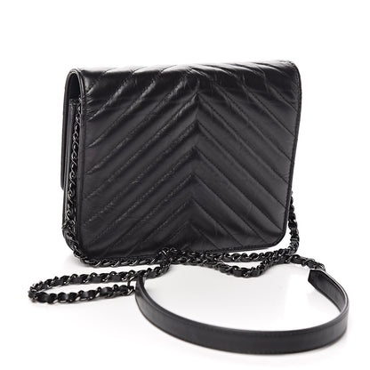 Chanel Aged Calfskin Chevron Quilted Reissue 2.55 Square Wallet On Chain WOC So Black 3 of 12