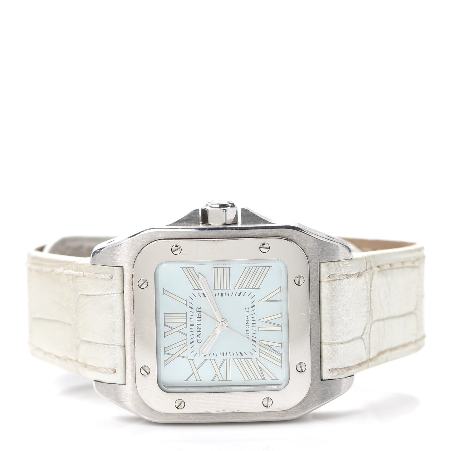 Stainless Steel Alligator Blue Mother of Pearl 32mm Santos 100 Automatic Watch