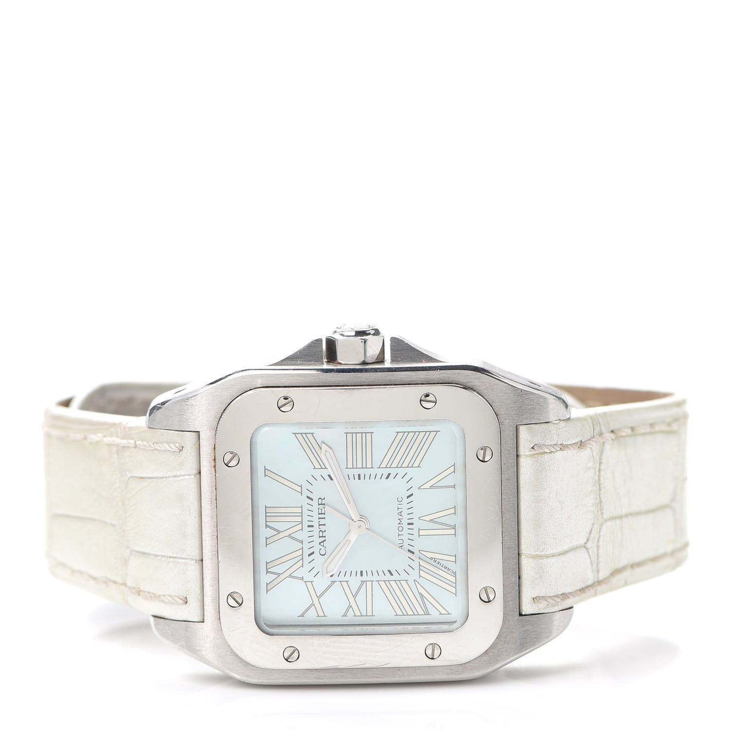 Cartier Stainless Steel Alligator Blue Mother of Pearl 32mm Santos 100 Automatic Watch 2 of 8