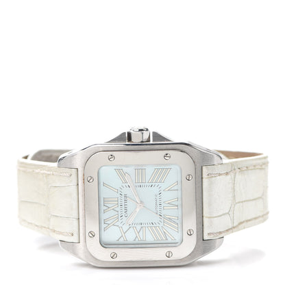 Cartier Stainless Steel Alligator Blue Mother of Pearl 32mm Santos 100 Automatic Watch 2 of 8