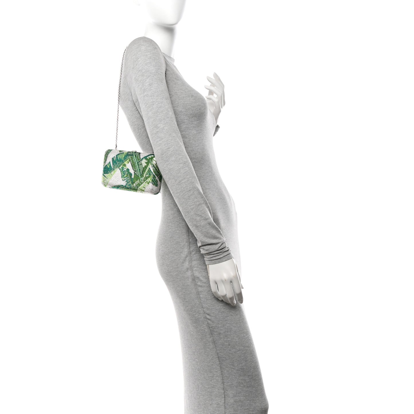 Crystal Tropic Banana Leaves Minaudiere Clutch Green Silver