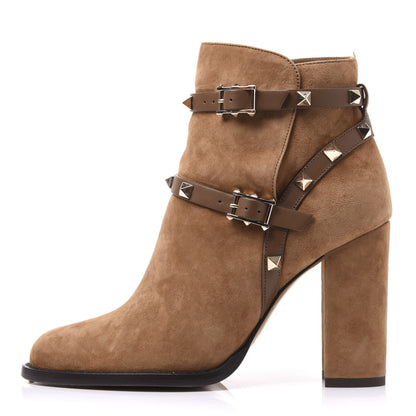 Valentino Garavani Suede Rockstud Double Buckle 100mm Block Heel Ankle Boots 35.5 Nocciola 1 of 9
