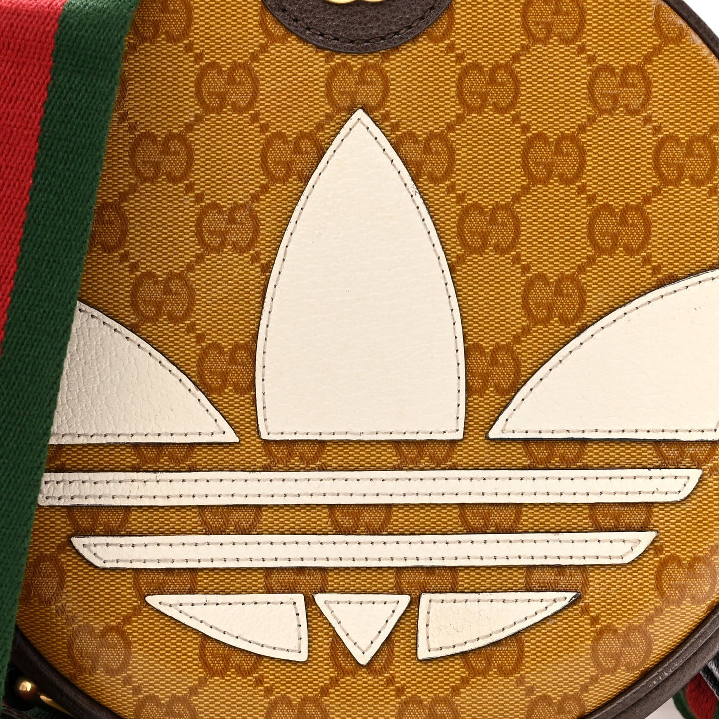 X ADIDAS Crystal Vintage Monogram Textured Dollar Calfskin Web Trefoil Small Ophidia Round Shoulder Bag Mid Natural Nut Off White New Acero