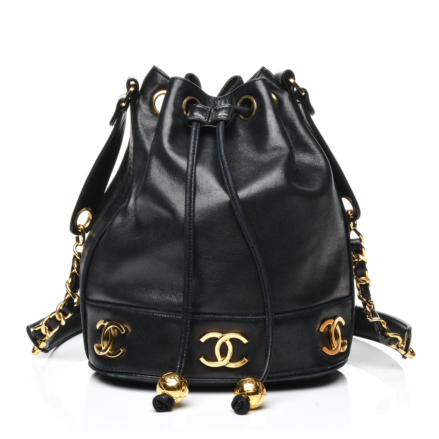 Lambskin CC Drawstring Shoulder Bag Black