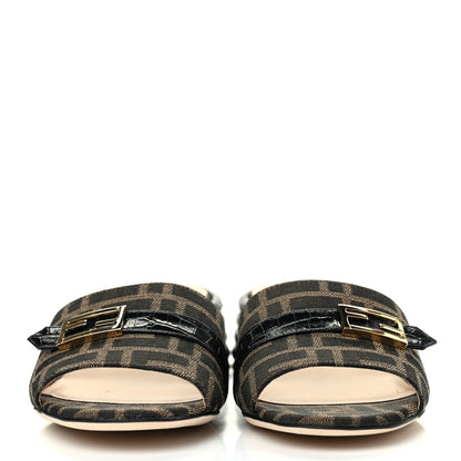 Fendi Jacquard Calfskin FF Crocodile Embossed Promenade Slide Sandals 37 Tobacco Moro Black 2 of 10