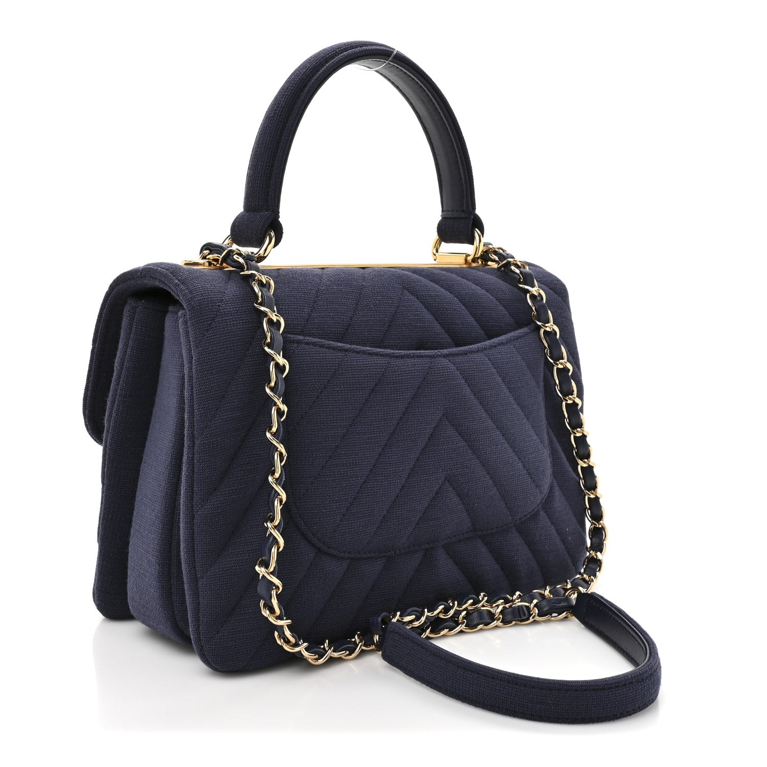 Chanel Jersey Chevron Quilted Small Trendy CC Dual Handle Flap Bag Navy Blue 3 of 11