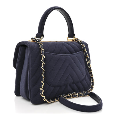 Chanel Jersey Chevron Quilted Small Trendy CC Dual Handle Flap Bag Navy Blue 3 of 11