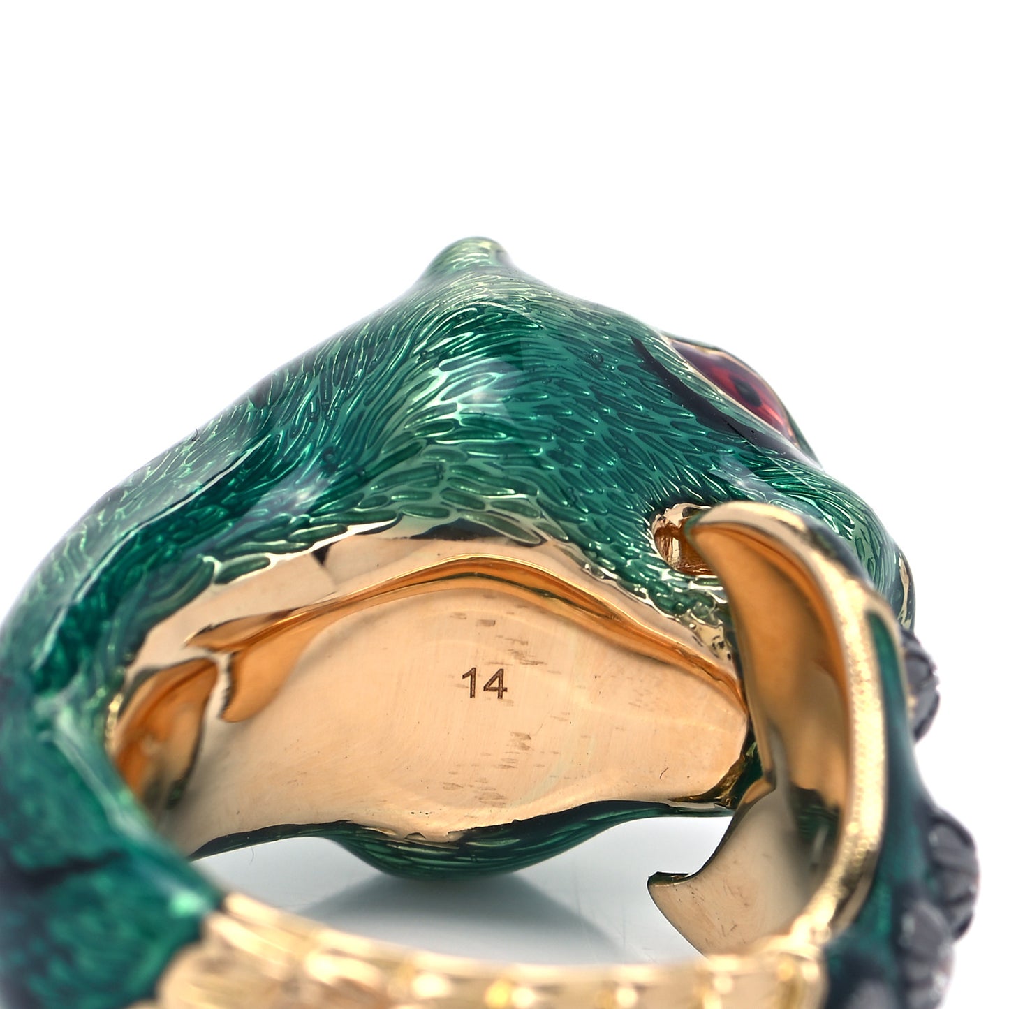18K Yellow Gold Diamond Enamel Le Marche Des Merveilles Tiger Head Ring Green 54 7