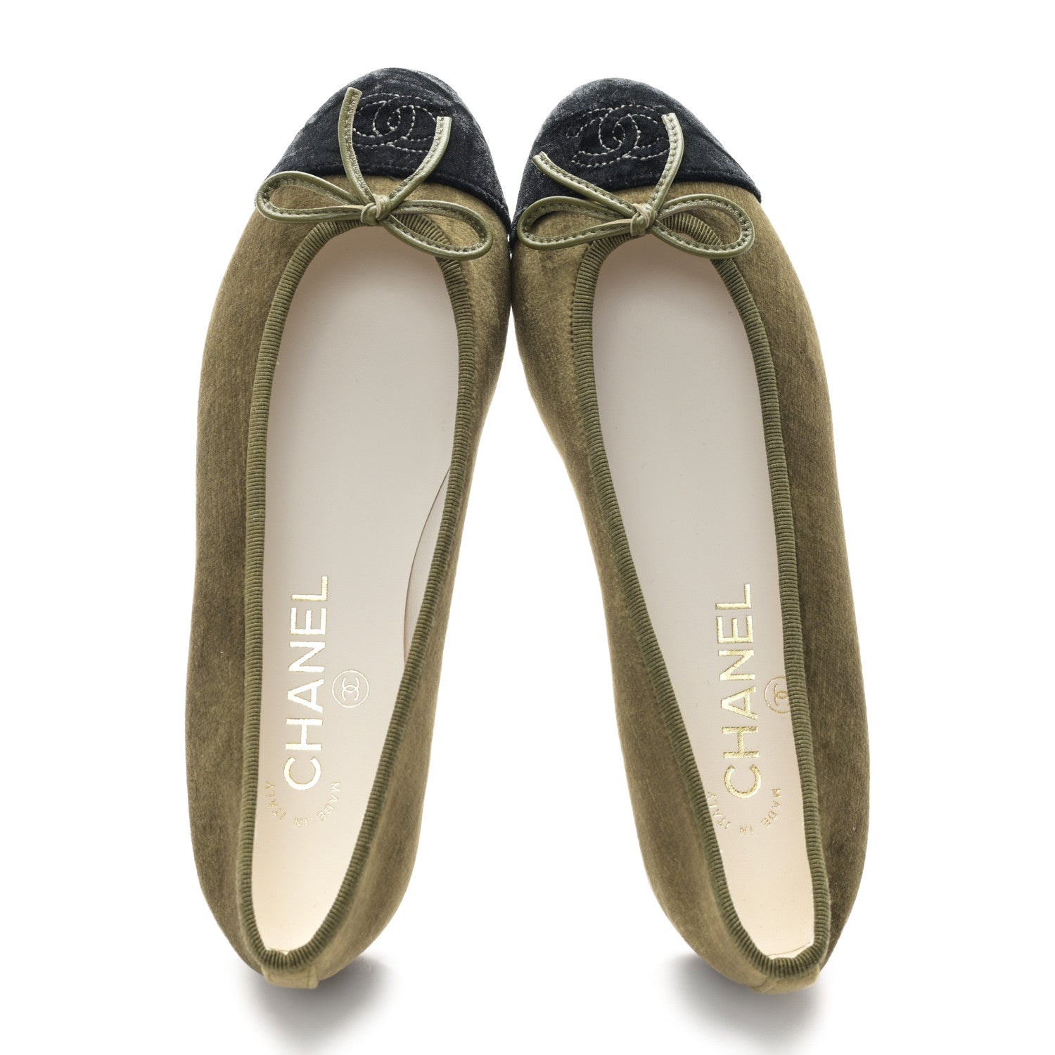 Chanel Velvet Cap Toe CC Ballerina Flats 36 Khaki Black 2 of 9