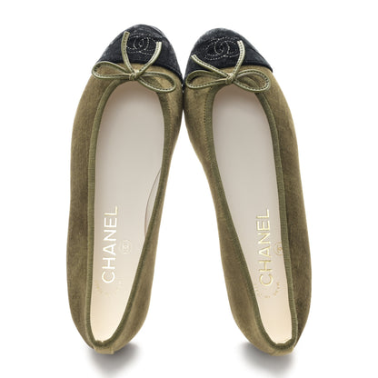 Chanel Velvet Cap Toe CC Ballerina Flats 36 Khaki Black 2 of 9