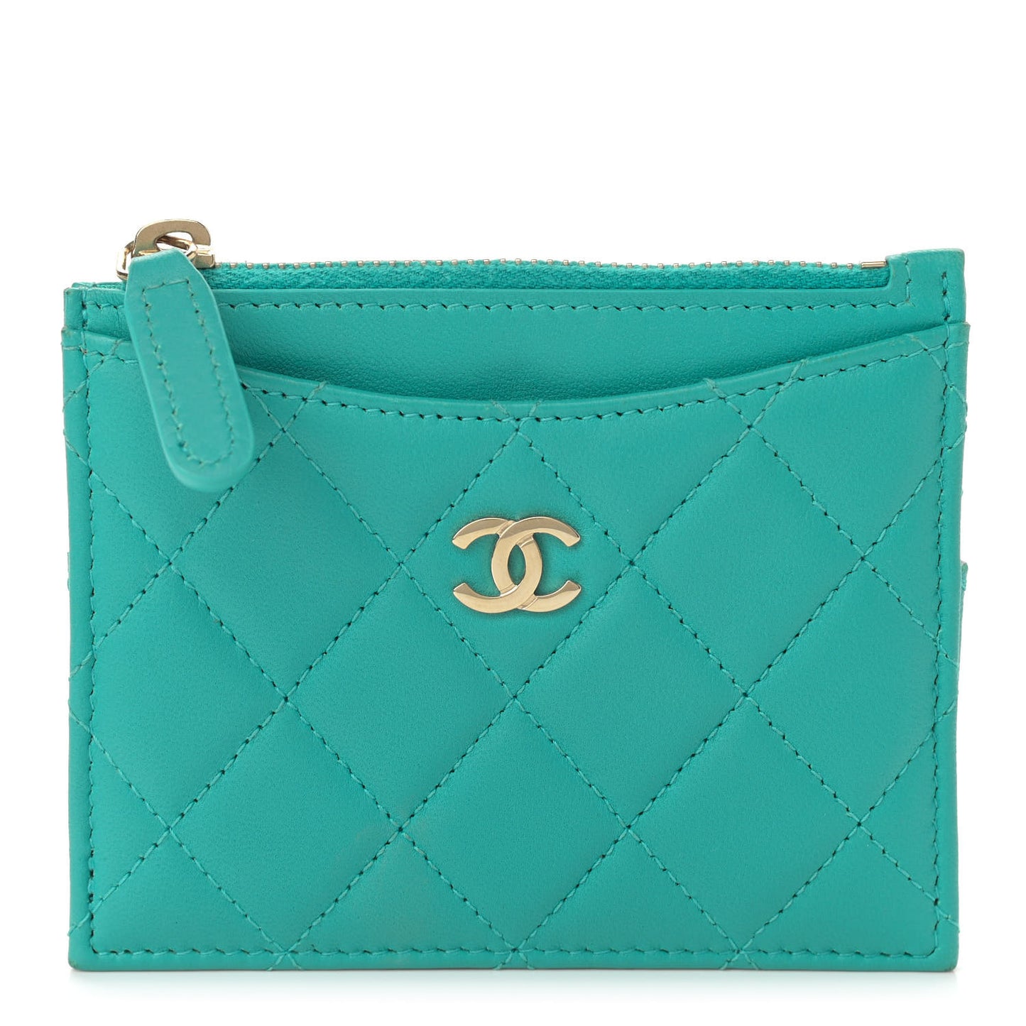 Lambskin Quilted Zip Card Holder Turquoise