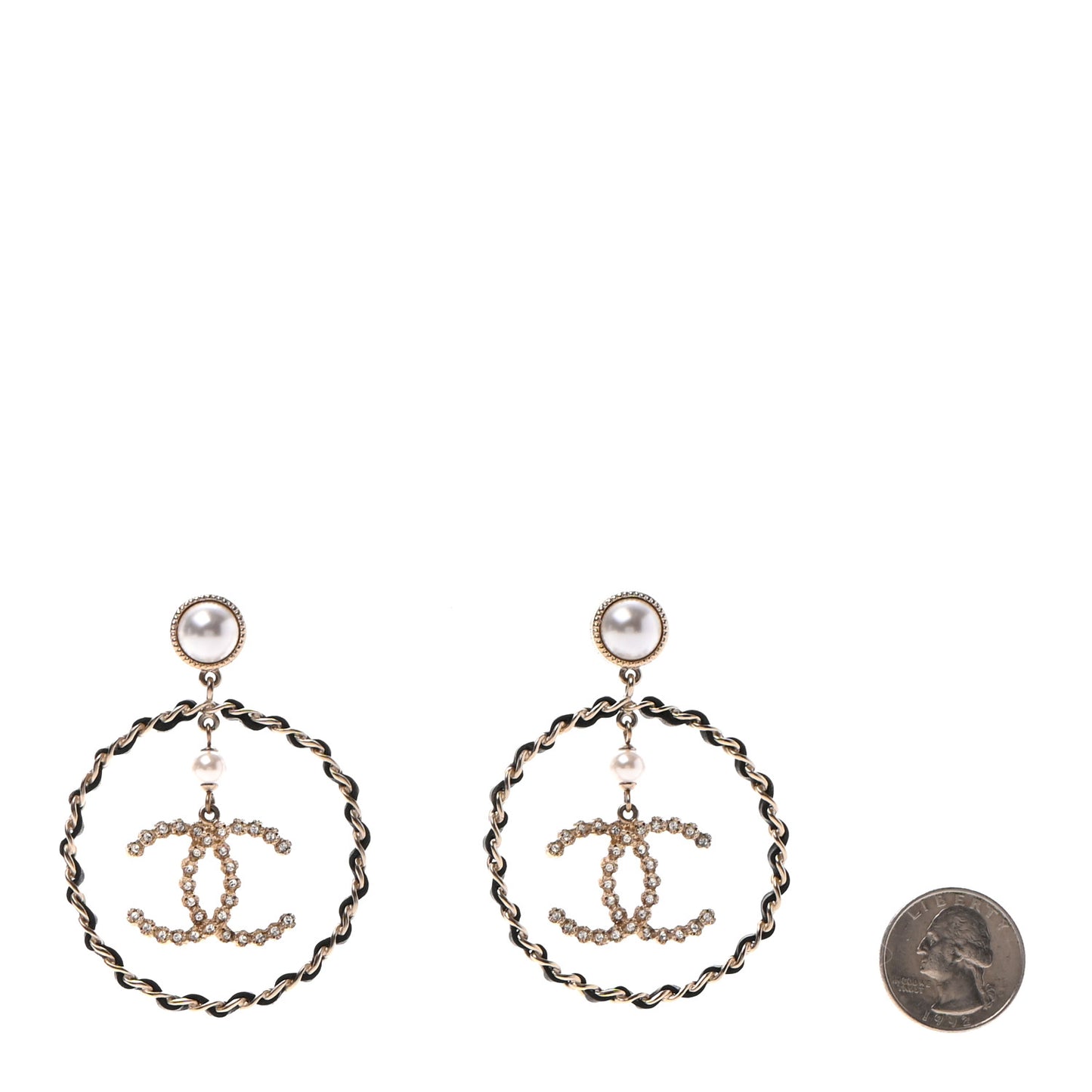 Lambskin Crystal Pearl CC Drop Earrings Gold Black