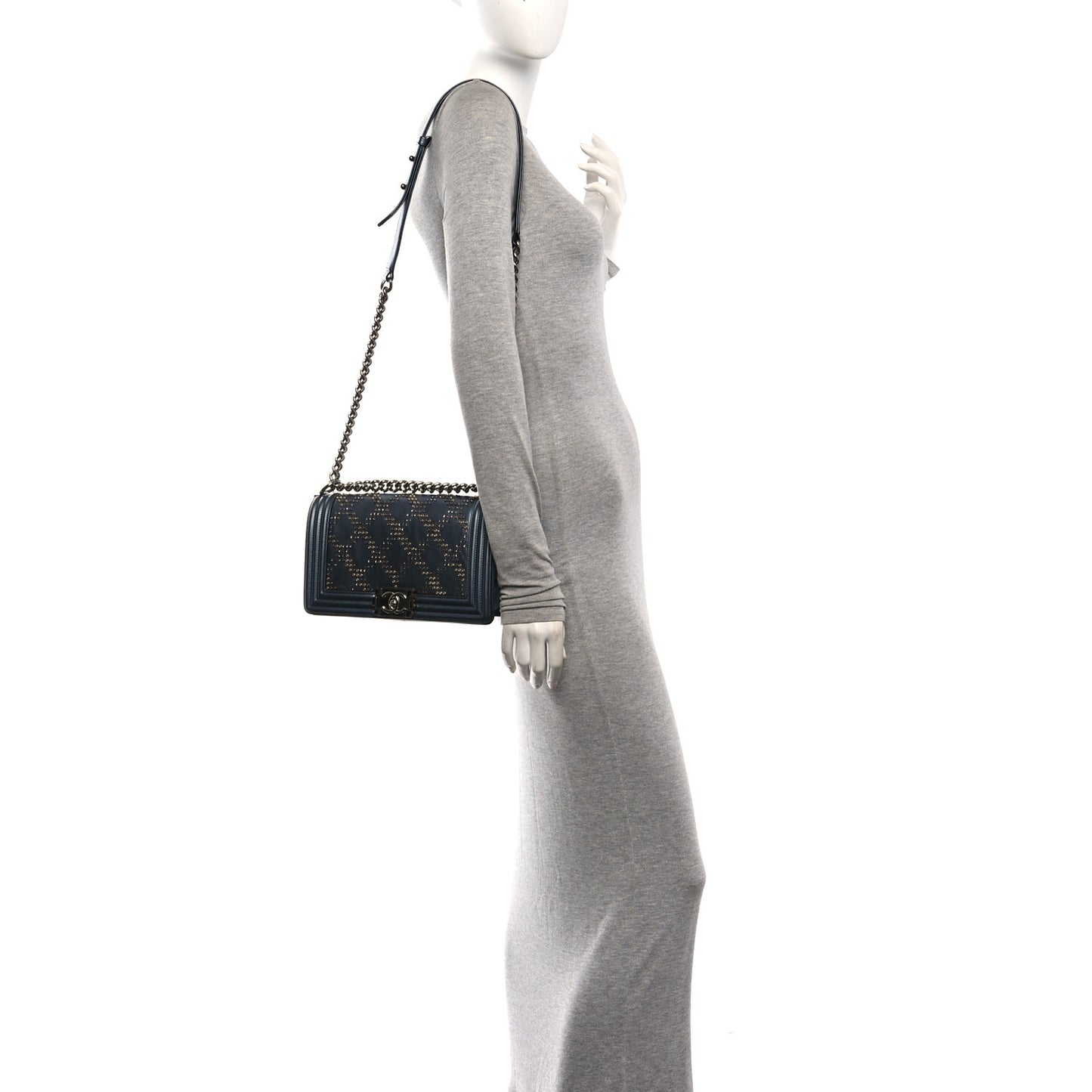 Metallic Calfskin Crystal Medium Boy Flap Dark Silver