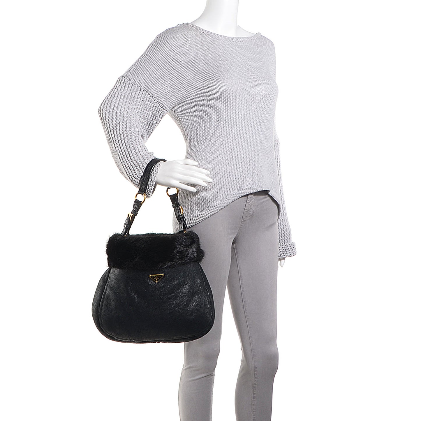 Shearling Mink Fur Crocodile Shoulder Bag Black