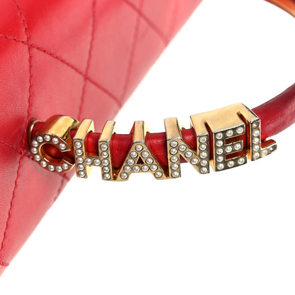 Chanel Lambskin Stitched Pearl Logo Top Handle Flap Red 8 of 11