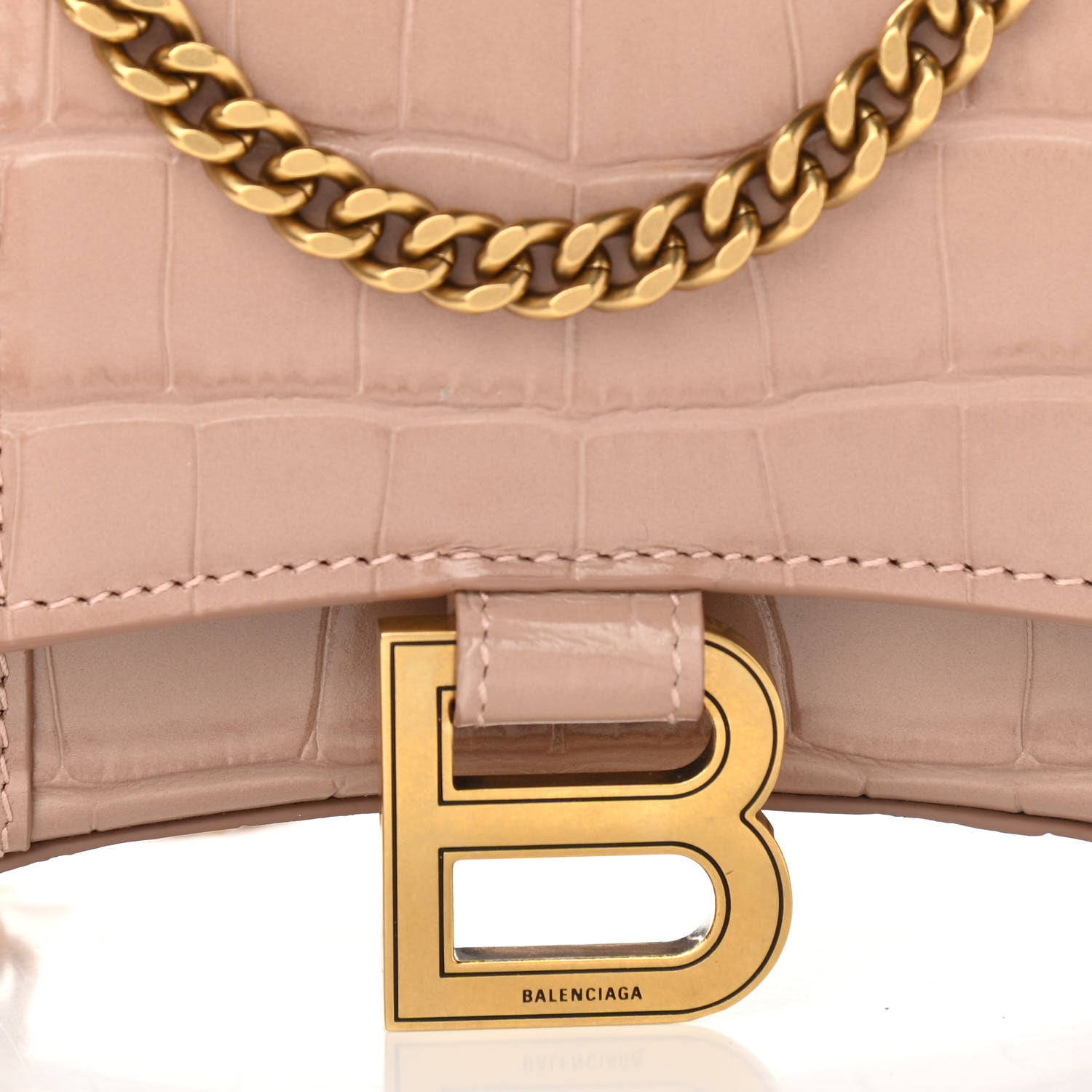 Balenciaga Shiny Calfskin Crocodile Embossed Hourglass Chain Bag Nude Beige 8 of 10