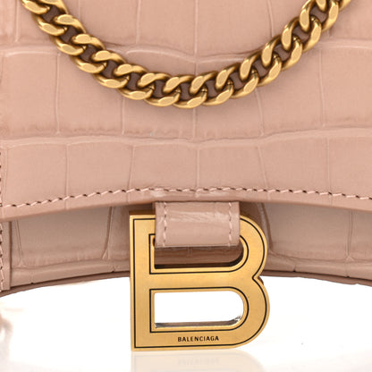 Balenciaga Shiny Calfskin Crocodile Embossed Hourglass Chain Bag Nude Beige 8 of 10