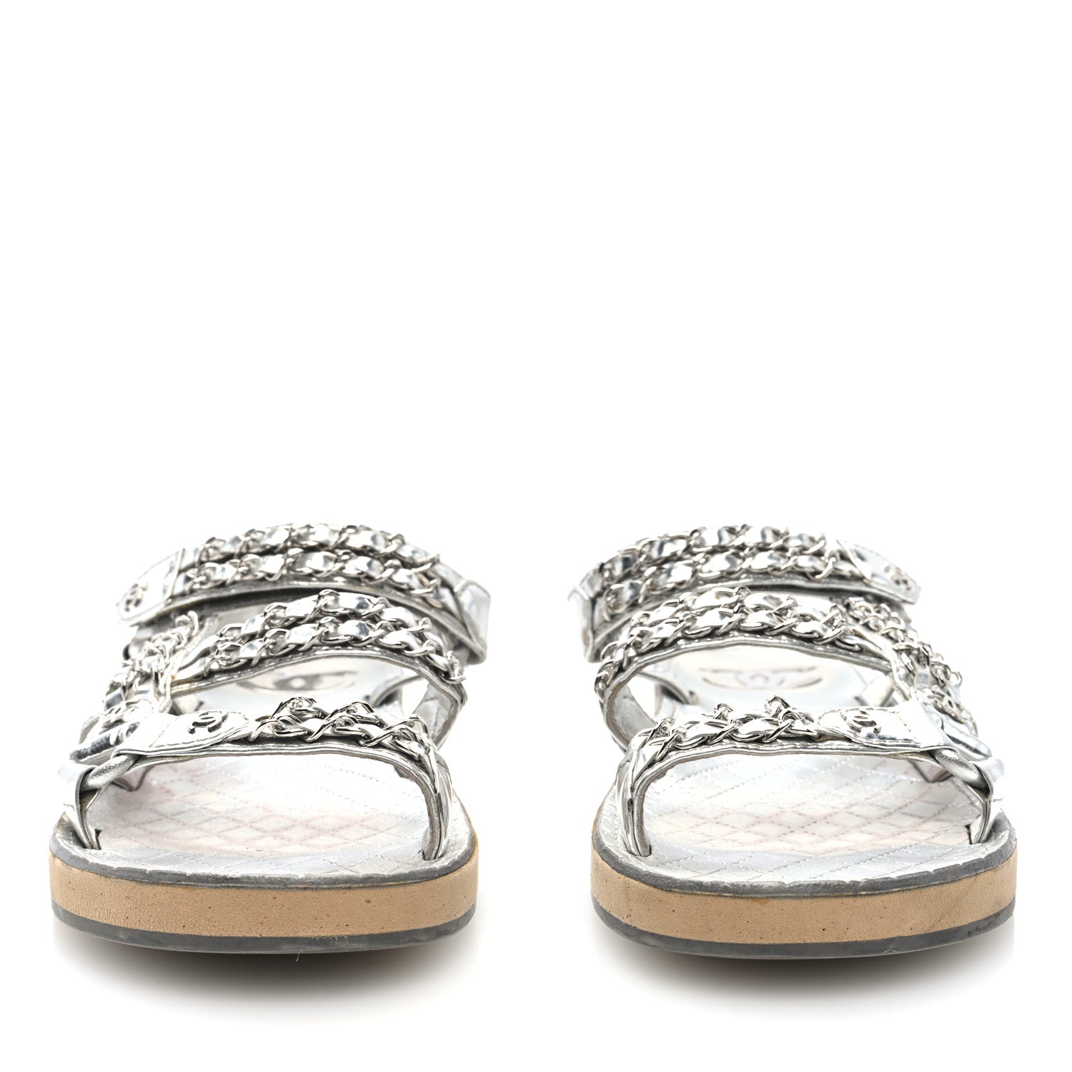 Chanel Metallic Laminated Goatskin Chain Flat Sandals 39 Silver 3 of 9