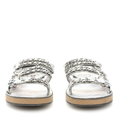 Chanel Metallic Laminated Goatskin Chain Flat Sandals 39 Silver 3 of 9