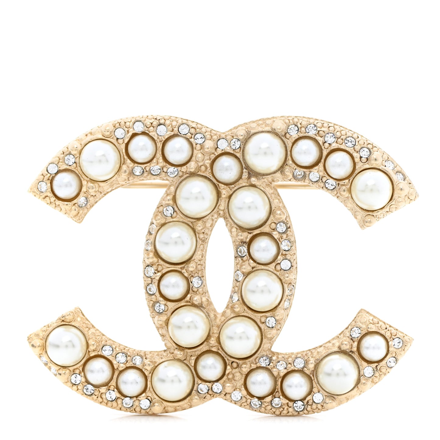 Metal Crystal Graduated Pearl CC Brooch Gold