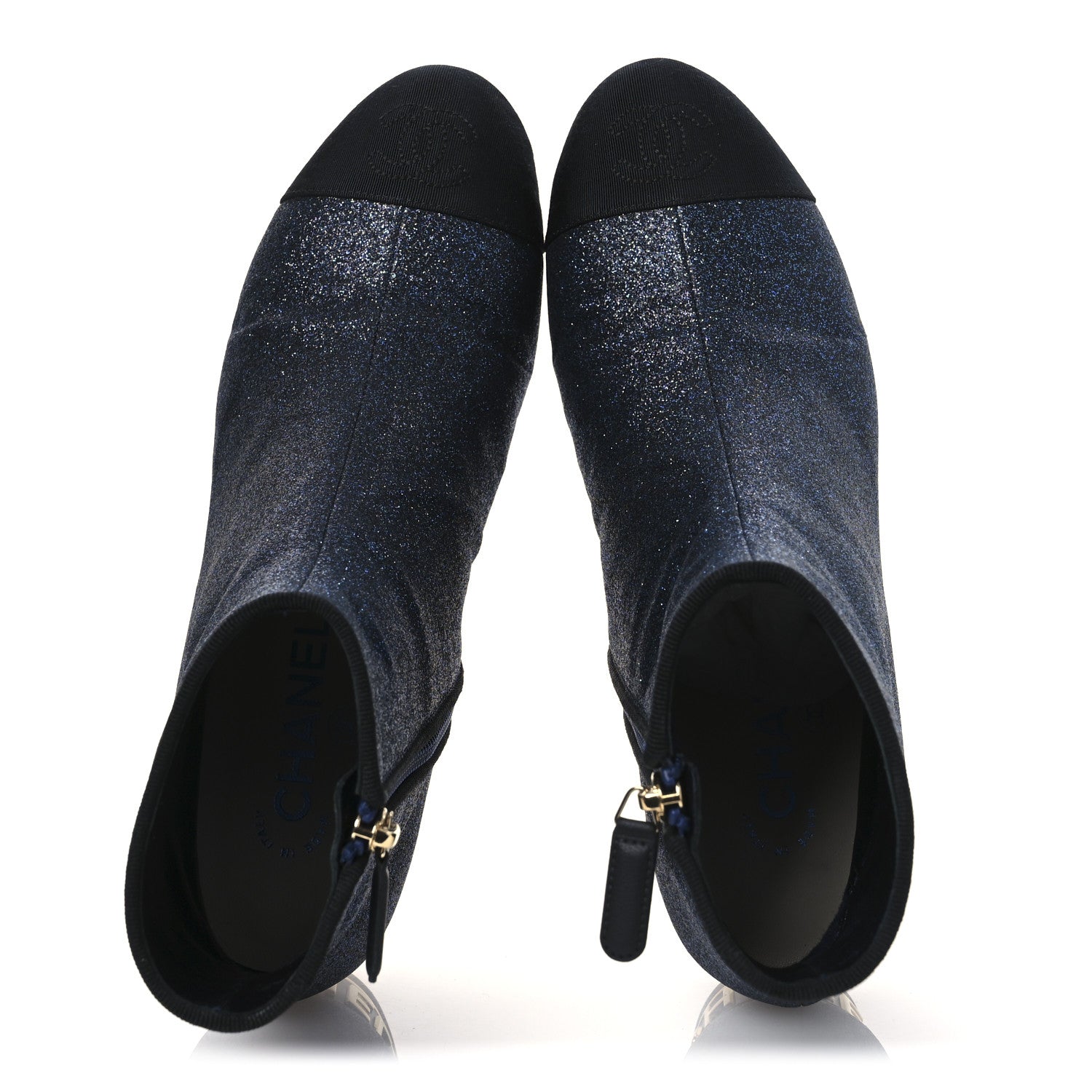 Chanel Sequin Grosgrain Cap Toe Logo Short Boots 37 Navy Black 2 of 11