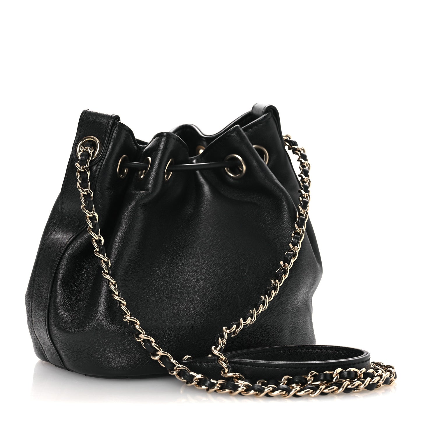 Lambskin Calfskin Quilted Mini Strass Mania Drawstring Bucket Bag Black