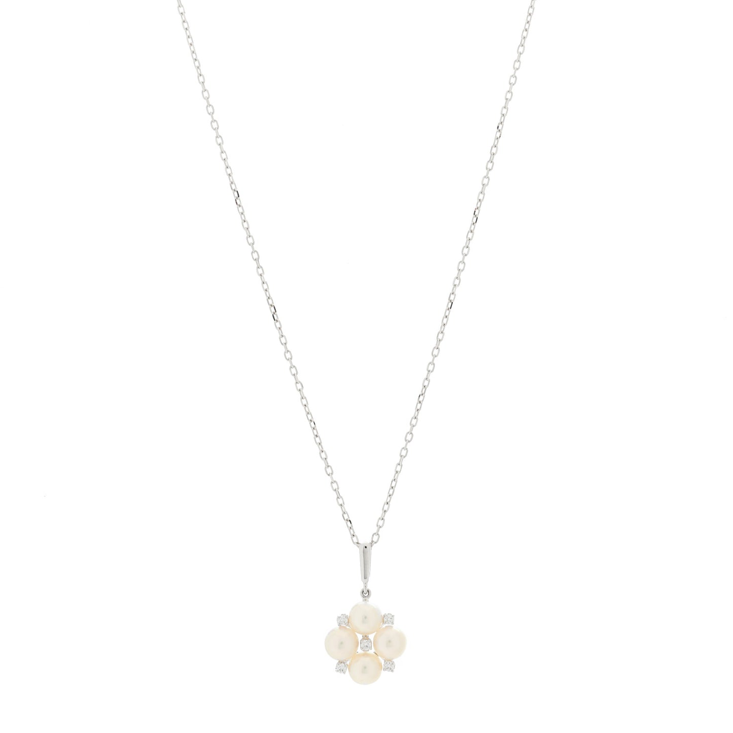 18K White Gold Diamond Akoya Cultured Pearl 5.5mm Cluster Pendant Necklace