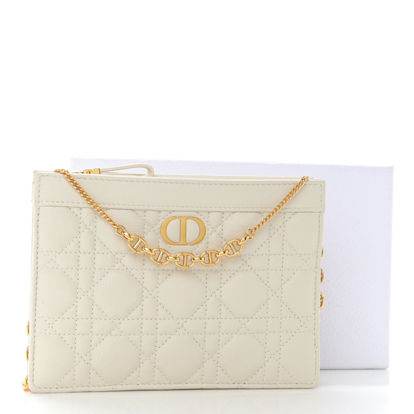 Calfskin Cannage Caro Zipped Pouch With Chain Latte