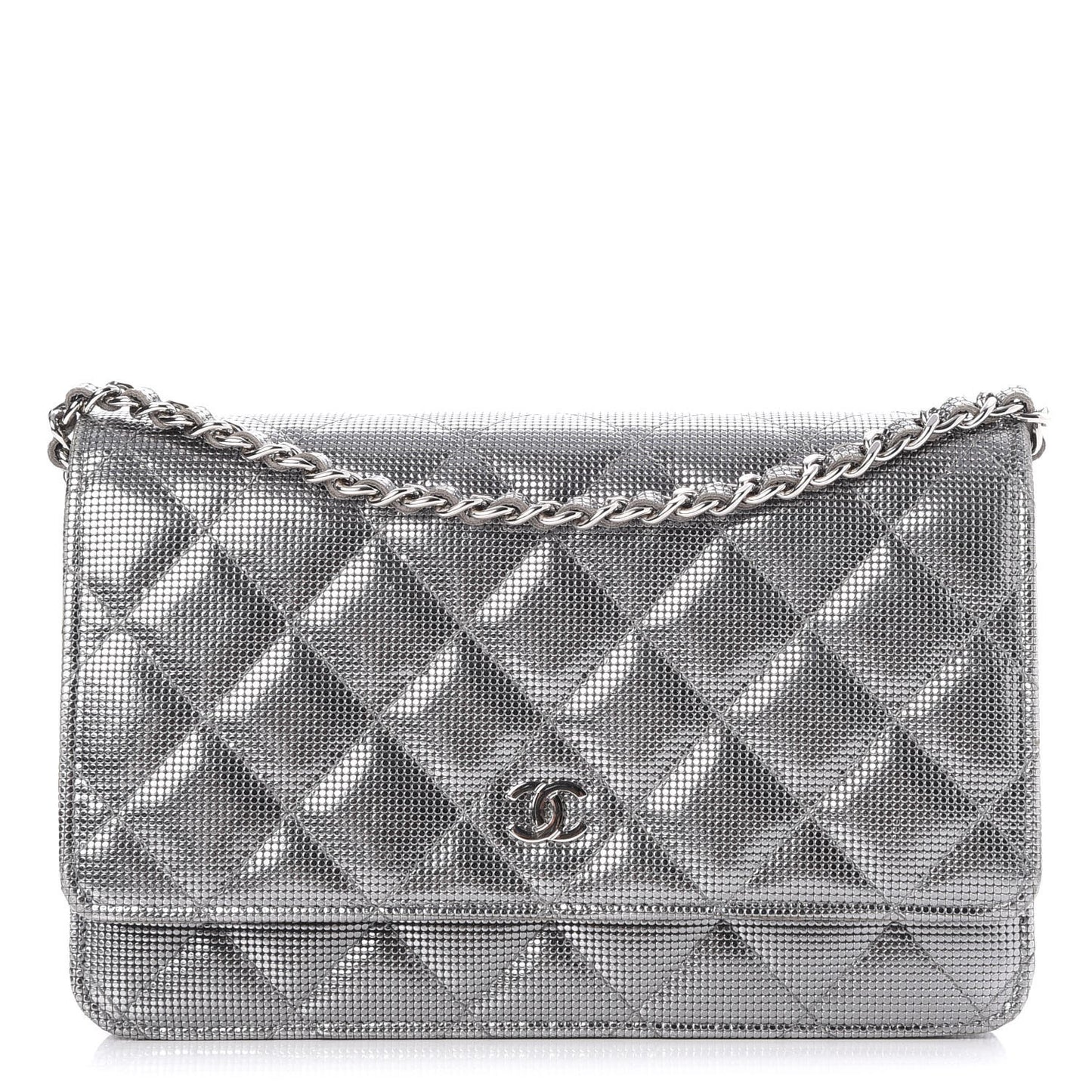Metallic Calfskin Quilted Pixel Effect Wallet on Chain WOC Silver