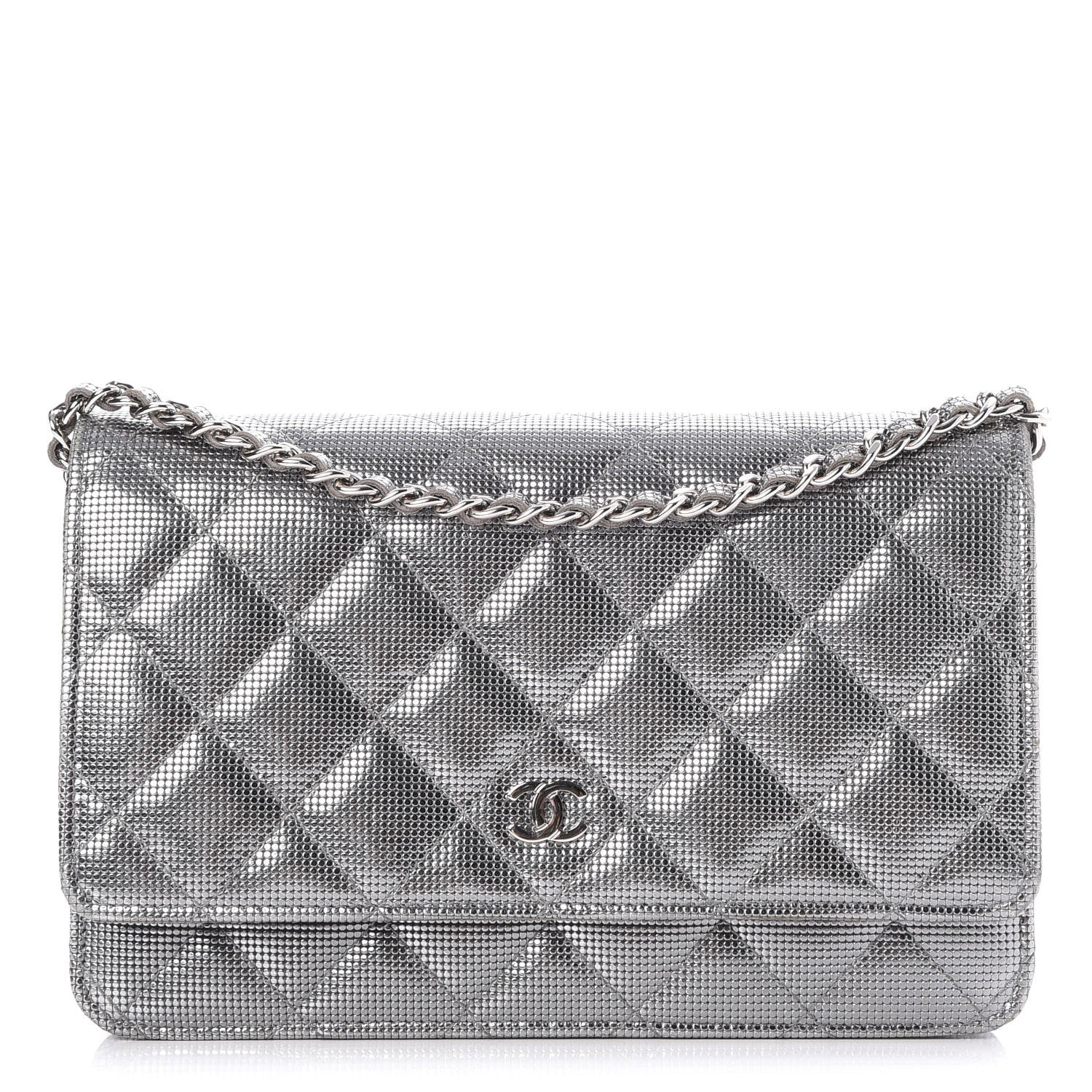 Chanel Metallic Calfskin Quilted Pixel Effect Wallet on Chain WOC Silver 1 of 8