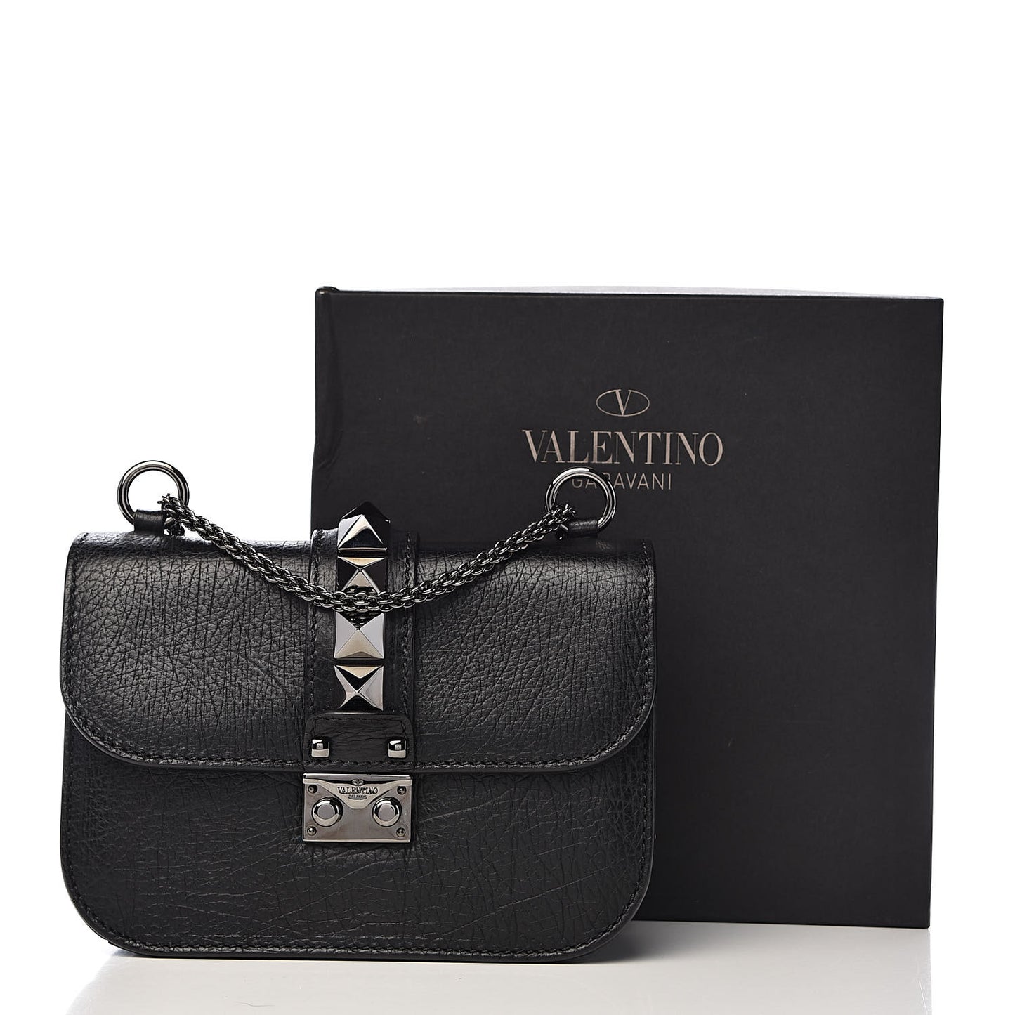Pebbled Calfskin Small Glam Lock Rockstud Flap Black