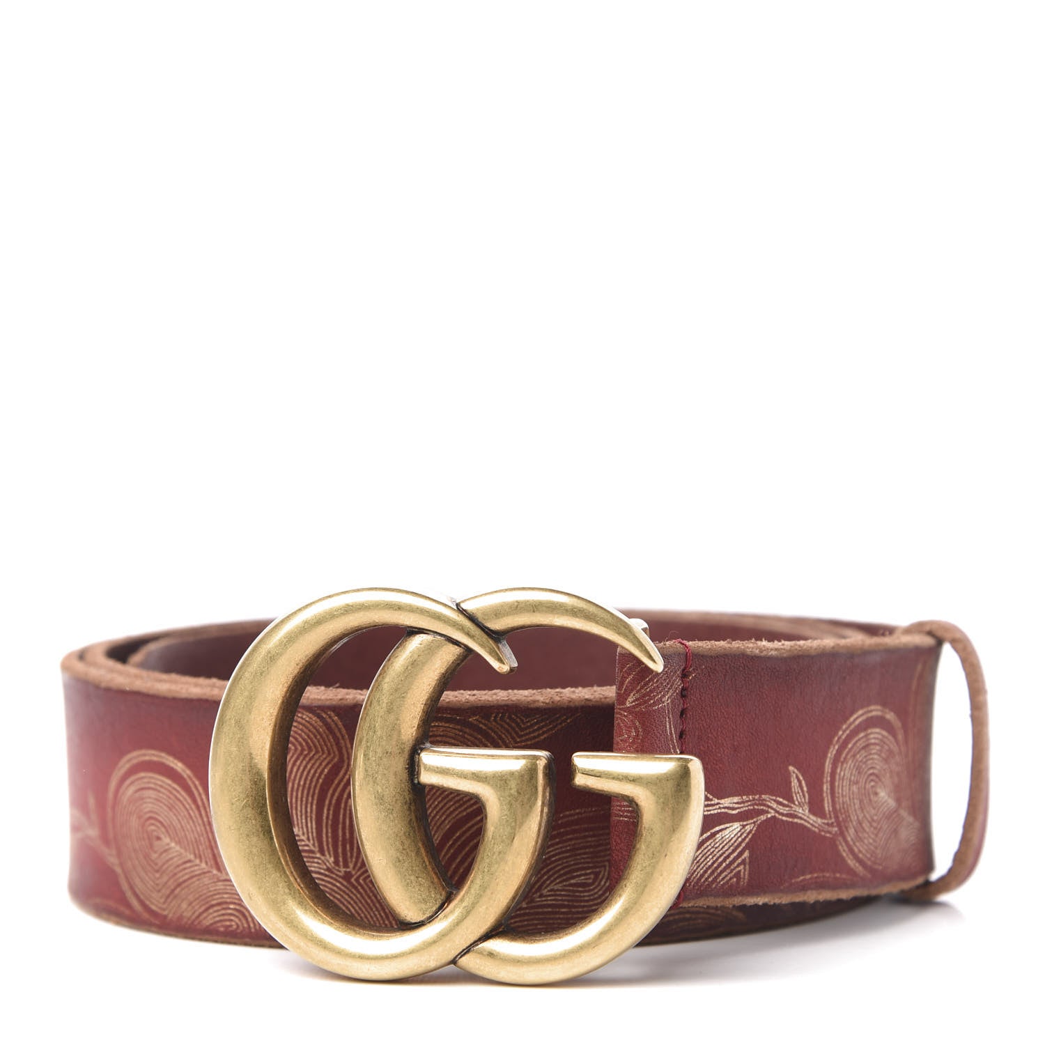 Gucci Faded Calfskin Leaf Print Double G 40mm Belt 100 40 Hibiscus Red Gold 1 of 5