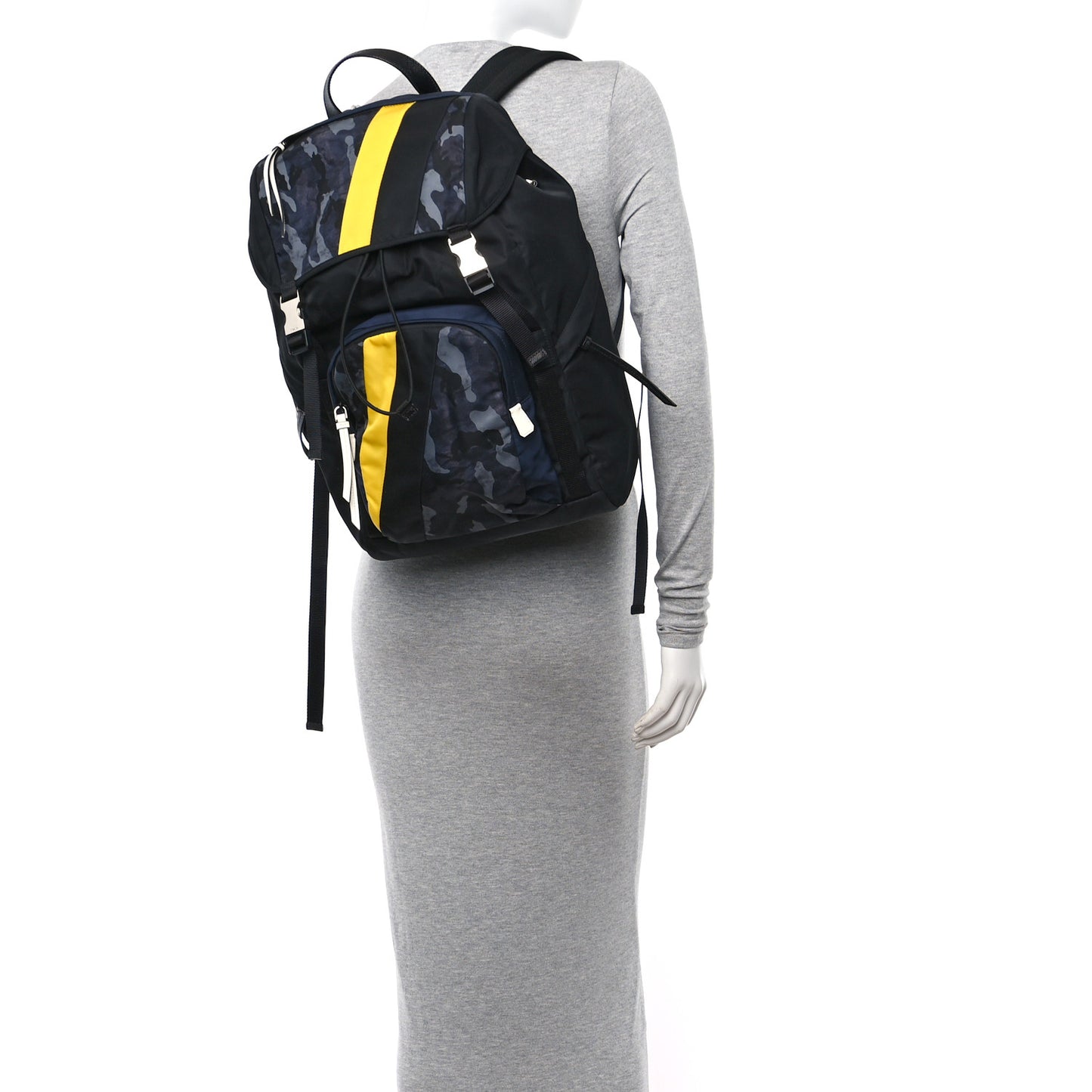 Re-Nylon Saffiano Camouflage Print Logo Double Buckle Backpack Blue