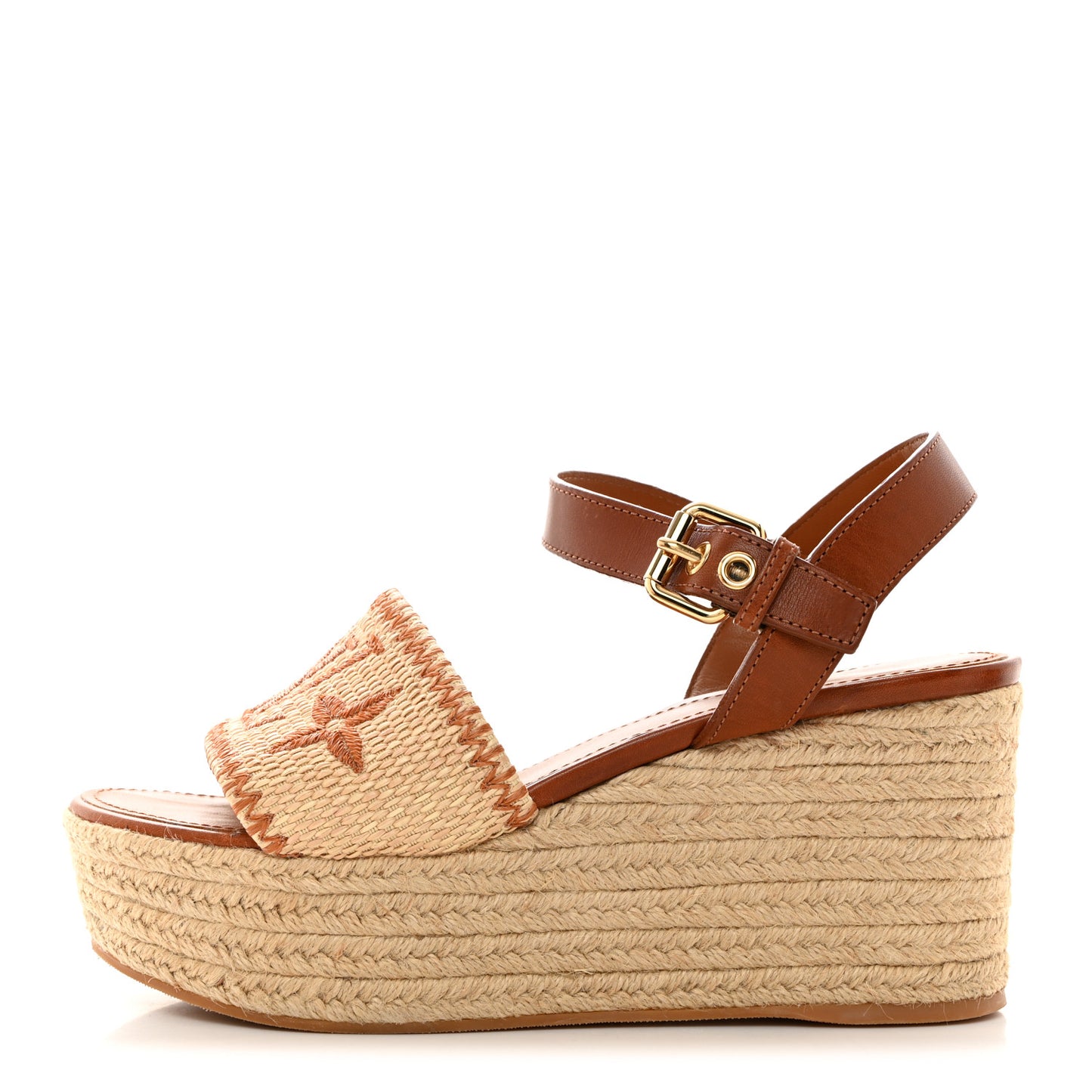 Cotton Monogram Embroidered Starboard Wedge Espadrilles 40 Beige Tan
