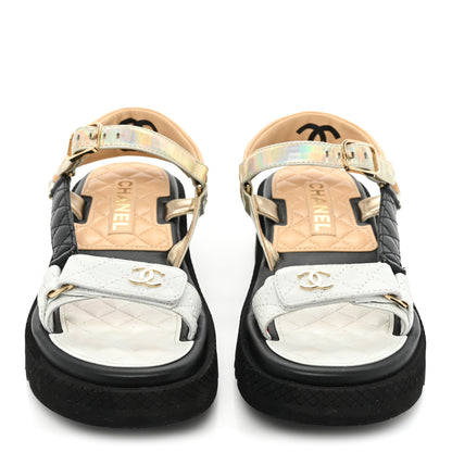 Chanel Lambskin Logo Platform Sandals 38.5 Beige Gold White 2 of 11