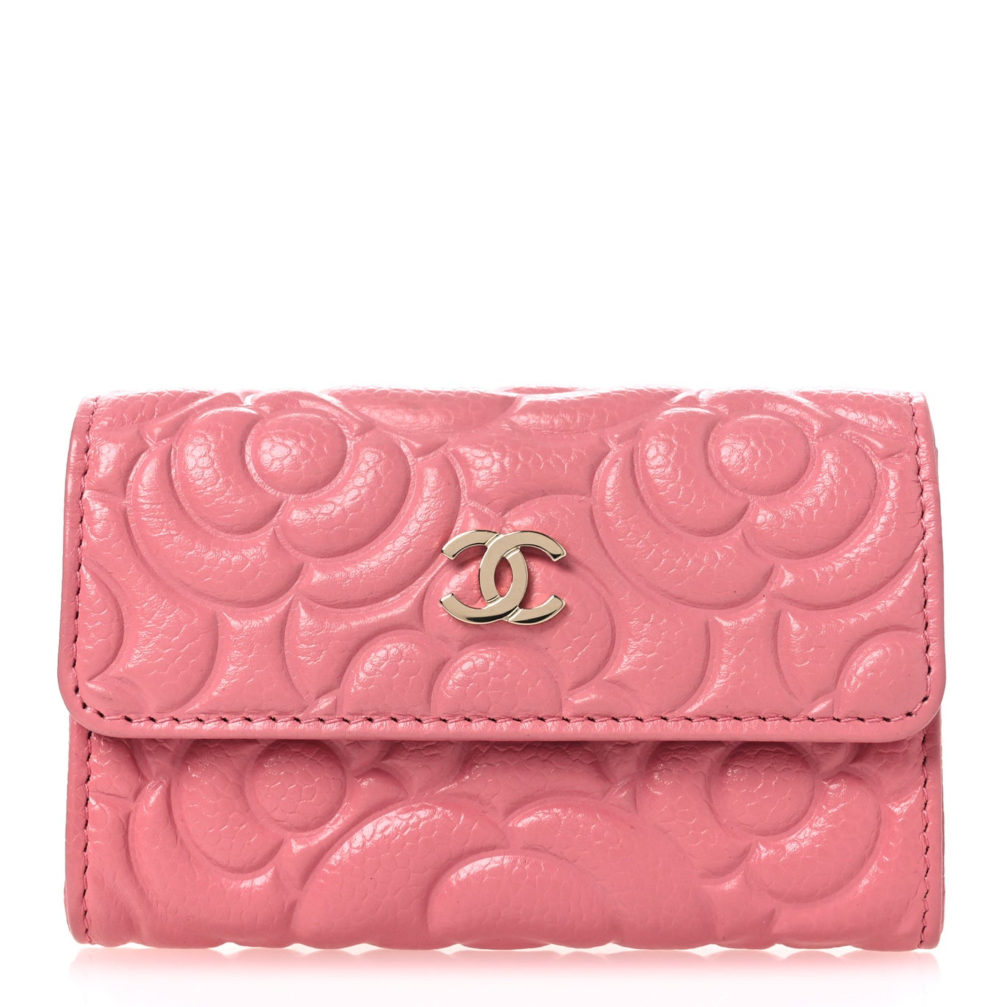 Caviar Camellia Embossed Card Holder Wallet Pink