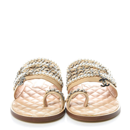 Chanel Lambskin Pearl Chain Flat Sandals 36 Beige 2 of 7