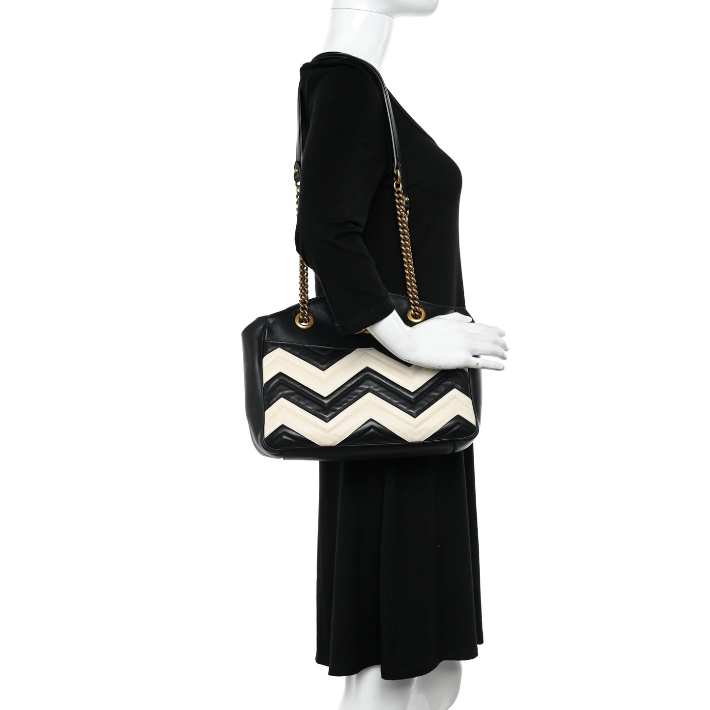 Calfskin Matelasse Medium GG Marmont Open Top Shoulder Bag Black White