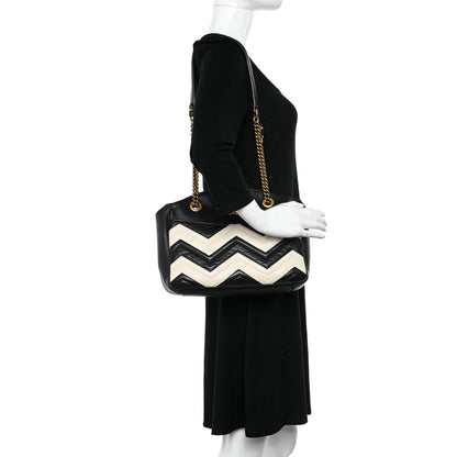 Gucci Calfskin Matelasse Medium GG Marmont Open Top Shoulder Bag Black White 2 of 12