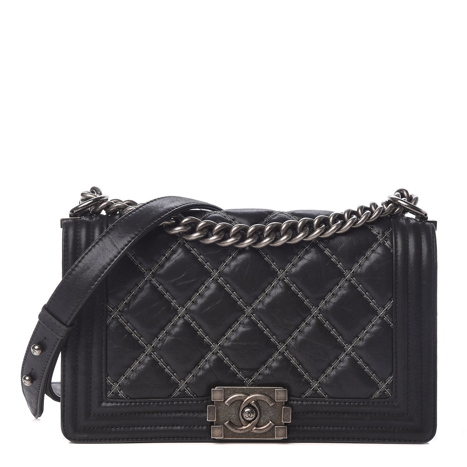 Chanel Iridescent Calfskin Embellished Double Stitch Medium Boy Flap Black 1 of 14