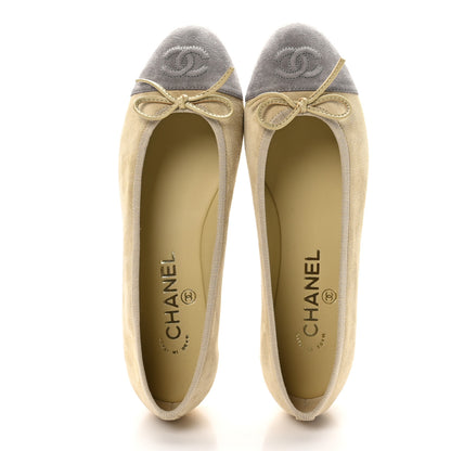 Chanel Suede Cap Toe CC Ballerina Flats 37 Light Yellow Grey 2 of 10