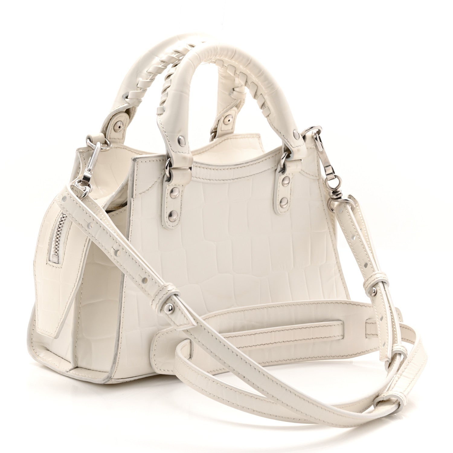 Balenciaga Extra Supple Calfskin Crocodile Embossed Neo Classic Silver Hardware Super Mini City White 3 of 11
