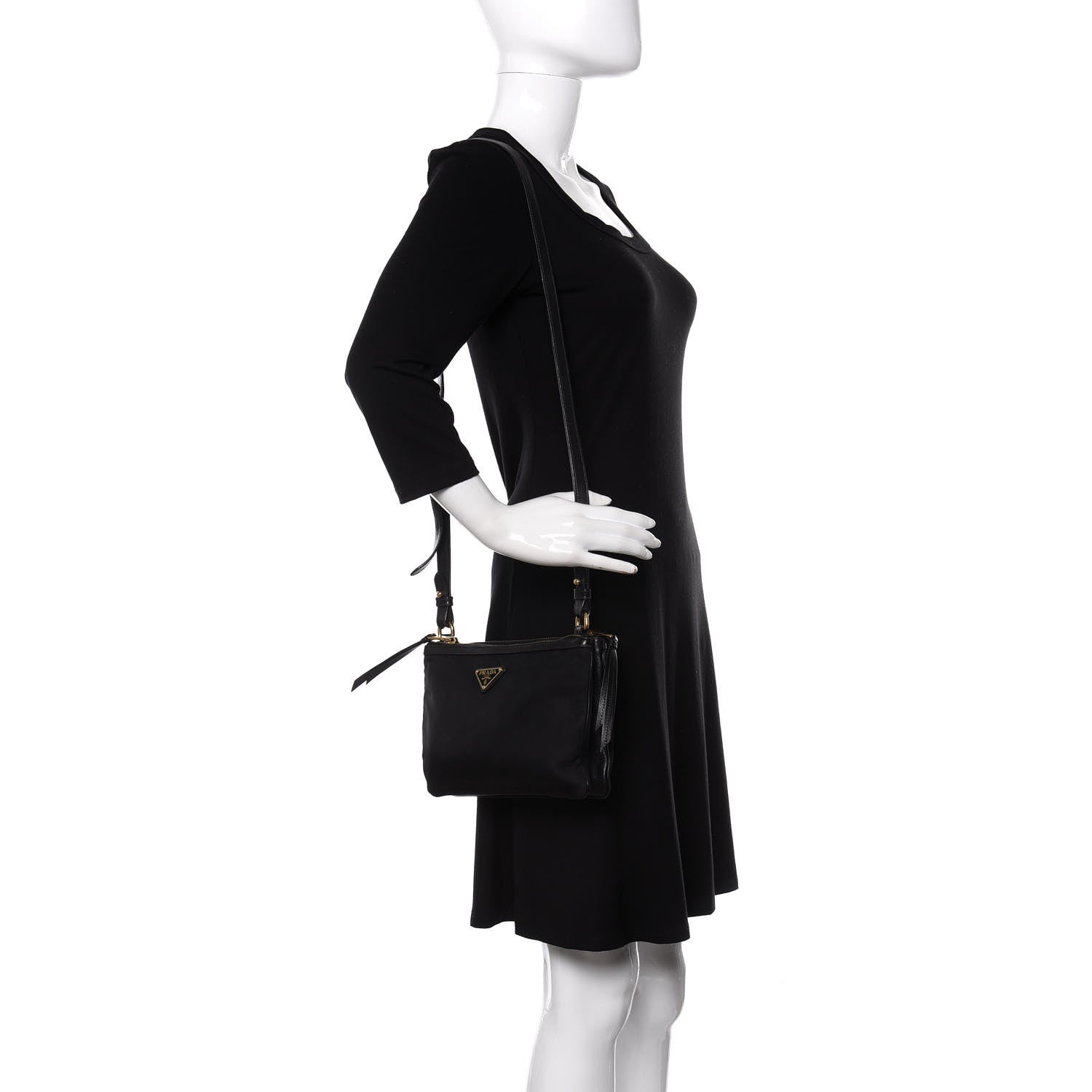 Prada Tessuto Nylon Soft Calf Double Zip Crossbody Bag Black 2 of 11